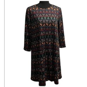 EUC Dress Works Christmas Dress Black with Reindeer Candy Cane Trees Hearts Sz S